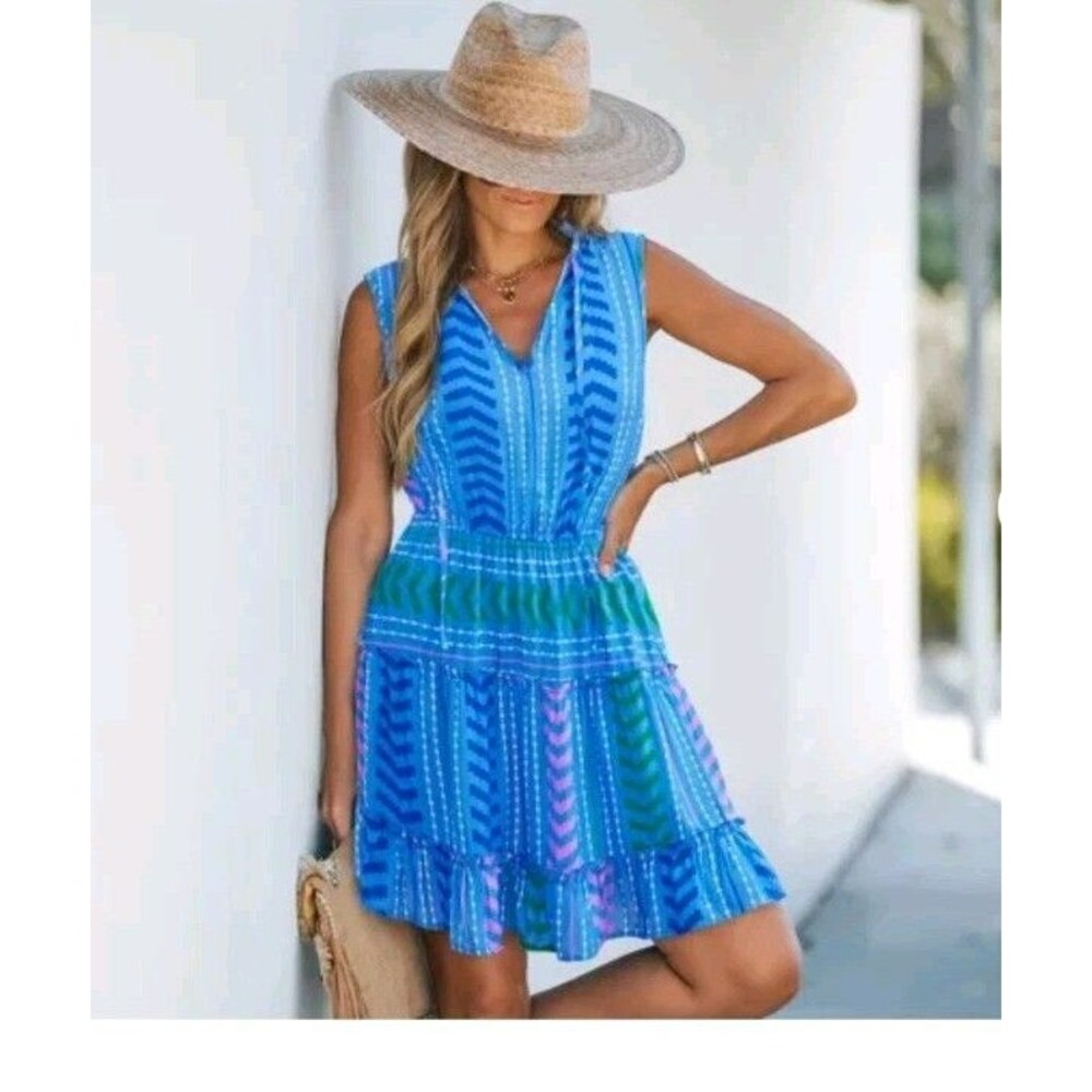 Cupshe Dragon Fruit Abstract Mini Dress Size XS Tiered Blue/Pink V Neck Rayon